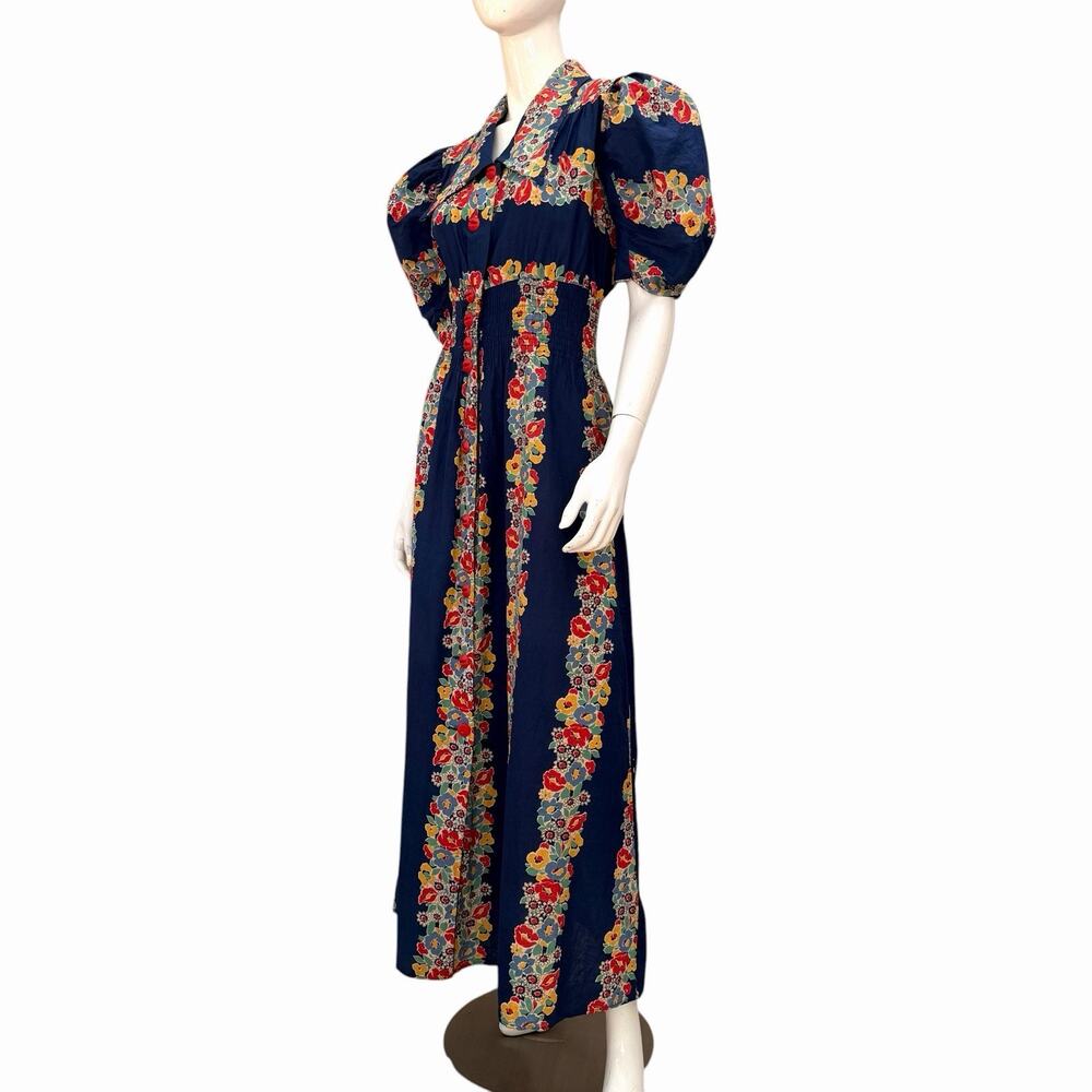 VTG 1940’s Extreme Puff Sleeve Maxi Dress Cotton Border Print Dagger Collar, L - Picture 10 of 14